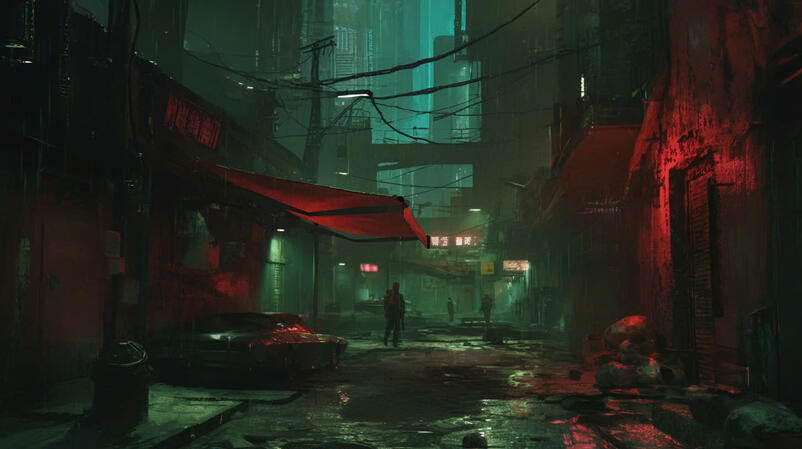 A dystopian, dark neon cyberpunk city ruled by violence, trafficking, and humiliation with a cruel slave system.